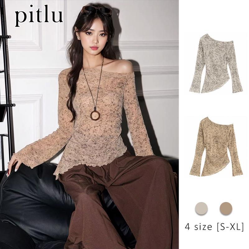 pitlu เสื้อท็อปคอออฟช็อกแขนยาวลายดอกโปร่ง สีเบจ/เบจน้ำตาล ขนาดS-XL ผ้าสุพลู ใส่สวยสบาย แฟชั่น