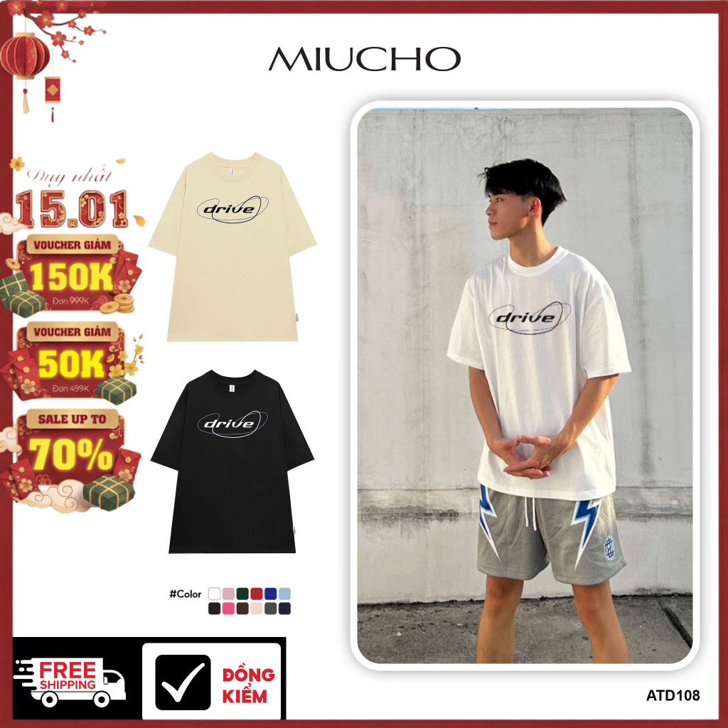 เสื้อยืดผู้ชายทรงหลวมแขนสั้น คอกลม ผ้าคอตตอน ATD108 Miucho พิมพ์ลาย Typographic