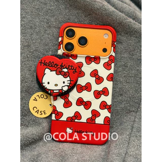 เงาการ์ตูน Y2K Magnetic Film Case สําหรับ iPhone 17 Pro iPhone 16 Pro Semi Wrap Hard Shell พร้อม Red Bow Red Heart KT โทรศัพท์ Grip Stand Holder เรียบง่ายน่ารัก