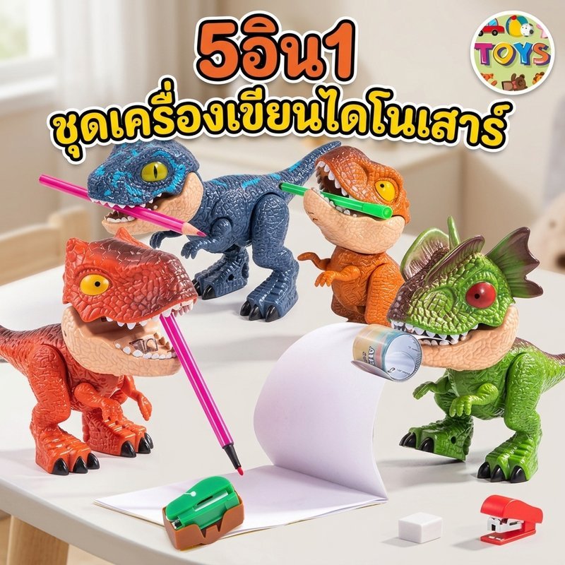 ชุดเครื่องเขียนไดโนเสาร์ 5ใน1 วัสดุABSทนทานปลอดภัย มีฟังก์ชันหลากหลาย เป็นของเล่นได้ น่าสนใจ