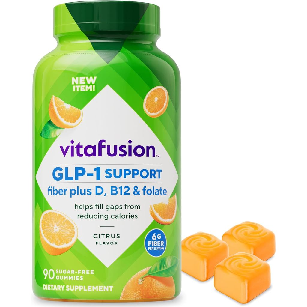 Vitafusion GLP-1 port Fiber Plus Vitamins D, B12 และ Folate Gummy Vitamins, รสซิตรัส, ปราศจากน้ําตาล