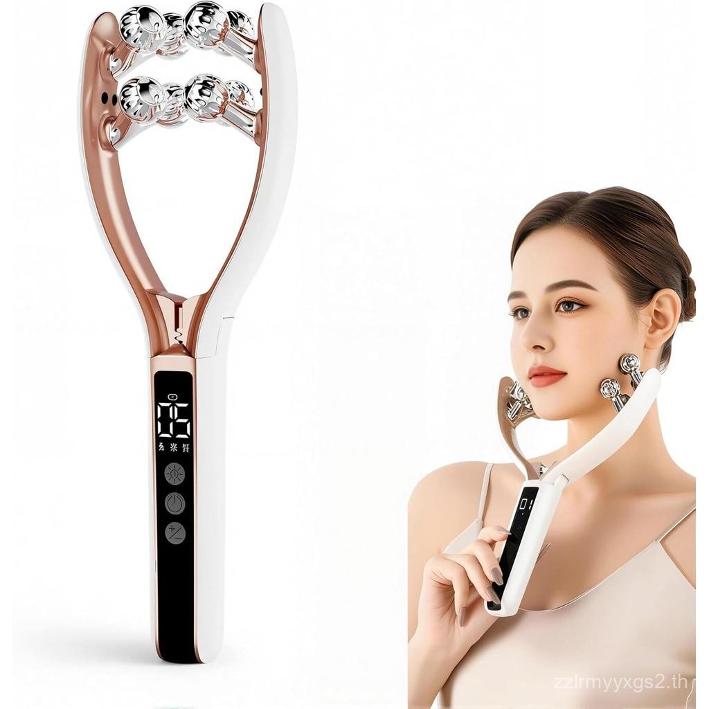 Face Massager and Neck Massager for Women, 8-Roller EMS Facial Massager Tool Face Roller with Red Bl