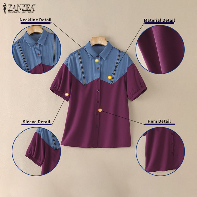 ZANZEA เสื้อผ้าสไตล์เกาหลีสำหรับผู้หญิง แจ็กเกตดีนิมแบบเรียบๆ มีกระดุมและซิปรูปแบบตัดต่อสี — صورة 7