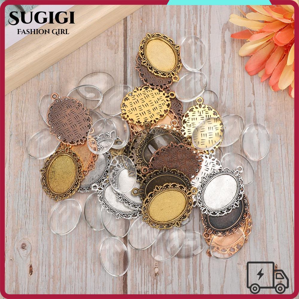 SUGIGI ถาดสำหรับจี้ 60 ชิ้น โลหะ + แก้ว ขนาด 3.5 x 3 ซม., สินค้าสำหรับงานฝีมือ DIY แบบ cabochon มีหลากหลายสี
