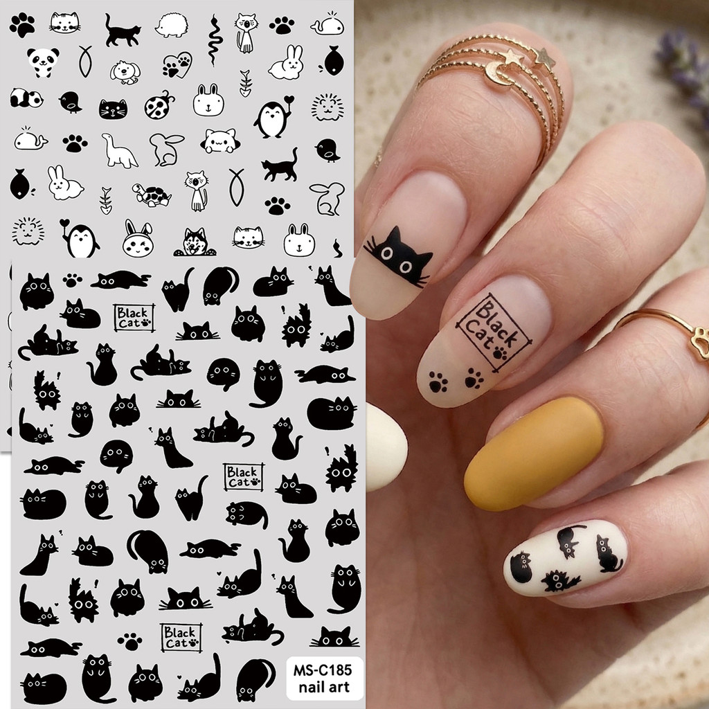 HAMA 3D น่ารักแมวดํา & Mini สัตว์เล็บสติกเกอร์ Self-Adhesive การ์ตูน Panda กระต่ายเล็บ Decals DIY ตกแต่งเล็บสําหรับเด็กผู้หญิง