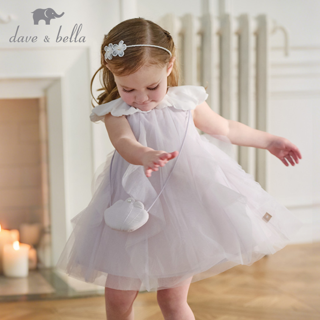 Dave Bella 9M-9Y ชุดเดรสคุณหนู แขนกุด ตาข่าย เด็กผู้หญิง ฤดูร้อน เดรส สีพื้น หวานและน่ารัก DB2261825