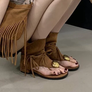 รองเท้าบู๊ทแบบผูกเชือกสไตล์เรโทรและโบฮีเมียนดีไซน์ Flip-Toe สำหรับรองเท้าแตะโรมัน
