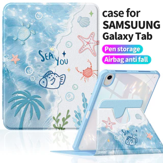 เคสสําหรับ Samsung Tab S10+ Plus 12.4" | Tab S9+ S8+ หนัง PU หรูหราพิมพ์ลายน่ารัก | ด้านหลังอะคริลิคใส | Anti-stain Cover Tab S10 Ultra 360°A1331 บีช海