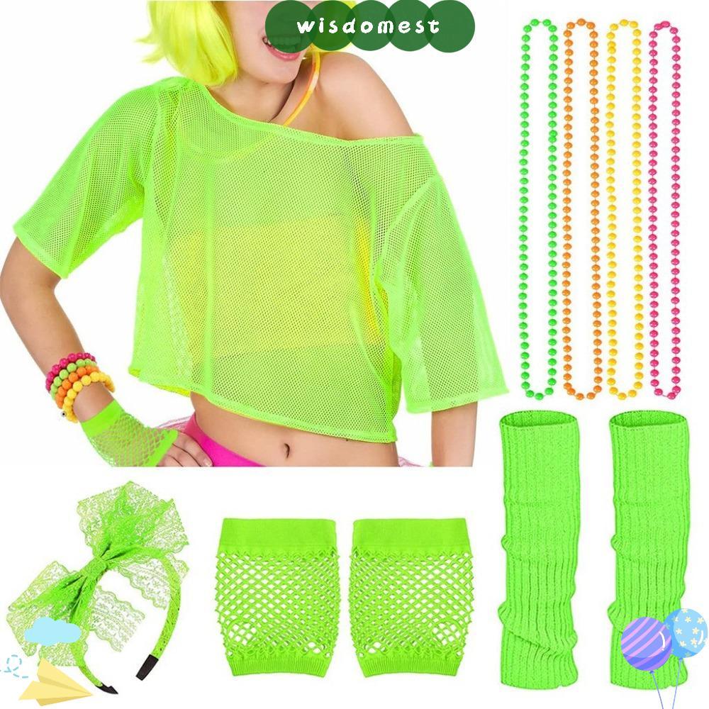 WISDOMEST Fishnet สร้อยคอชุด, ขาอุ่นแถบคาดศีรษะ 80s เครื่องแต่งกายชุดอุปกรณ์เสริม, โซ่หลากสีถุงมือสร