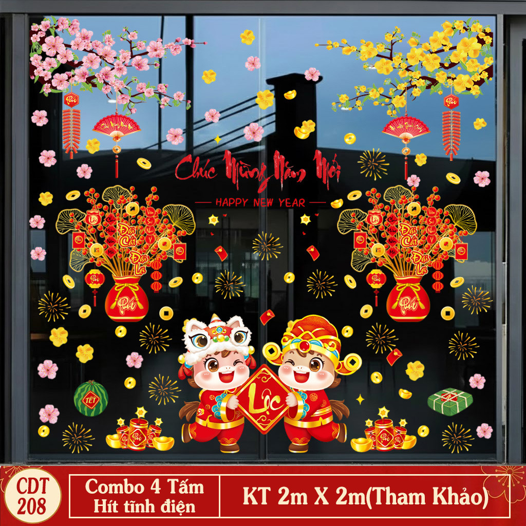 Tet 2026 แก้ว Decal Combo 4 แผงดูดซับไฟฟ้าสถิต CDT208 Baby Unicorn Peach Blossom แอปริคอทสีเหลือง