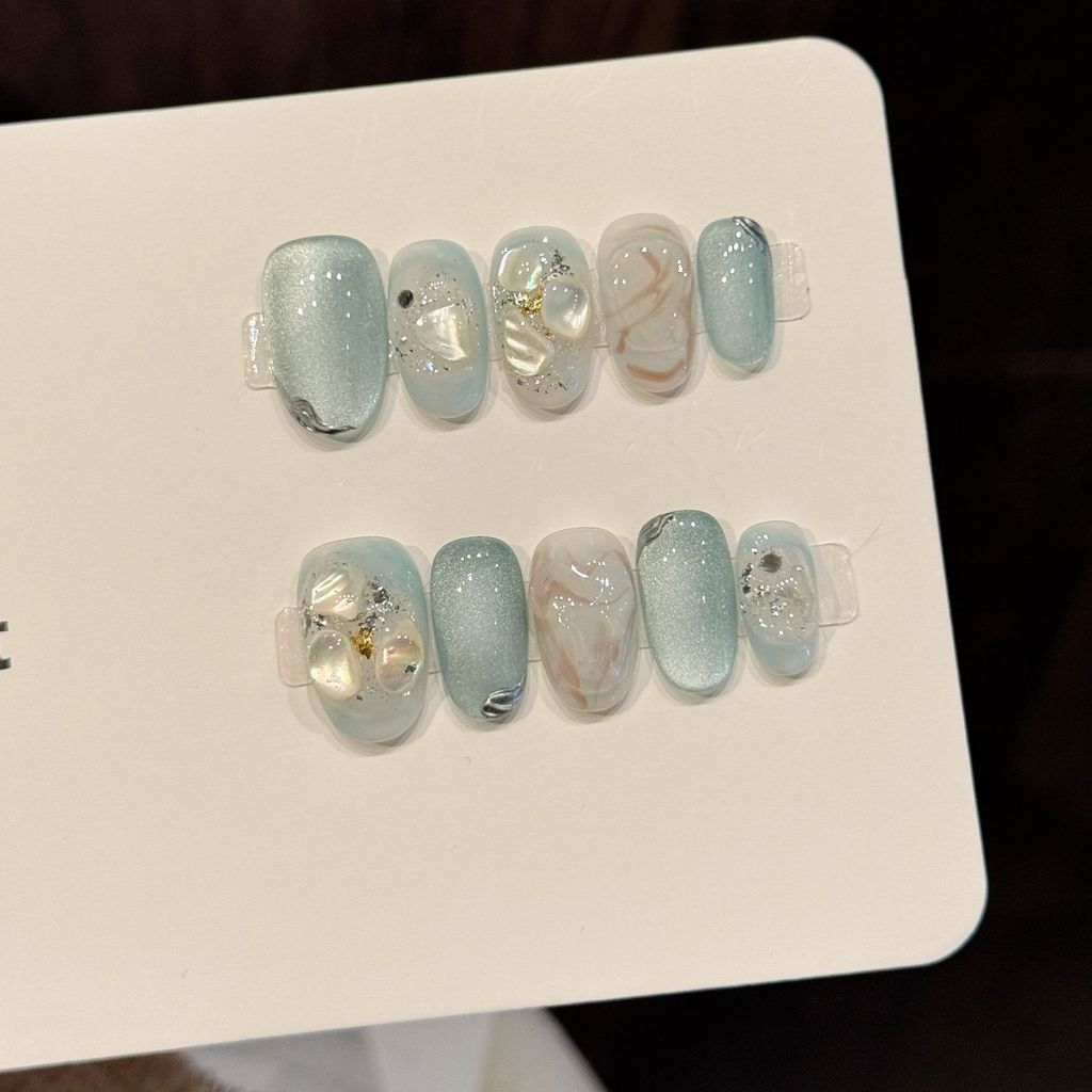 ✨ Handmade luxury fake nails, ice blue shells, pearl+diamond decorations, fashionable fake nails