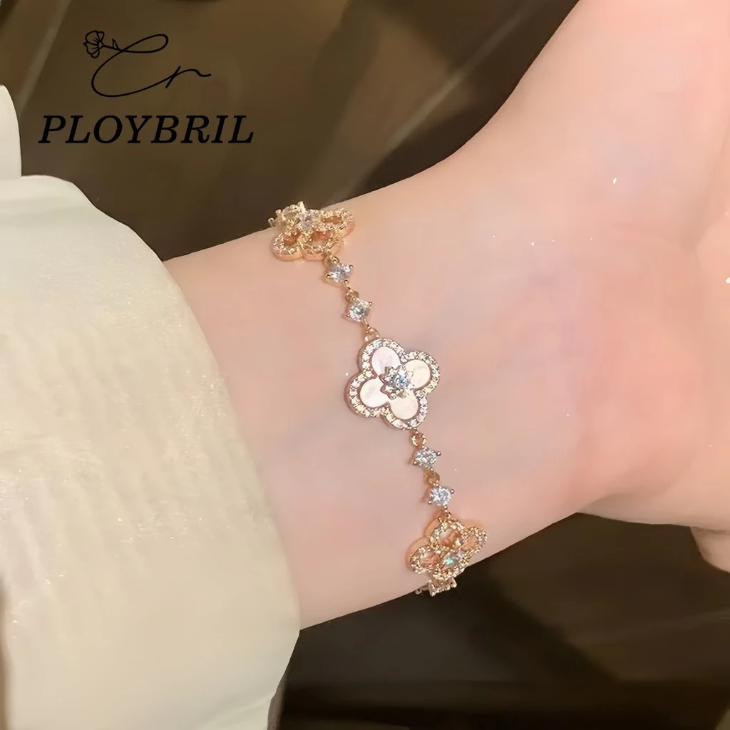 PLOYBRIL สร้อยข้อมือโคลเวอร์สี่ กุหลาบทอง สำหรับผู้หญิง อุปกรณ์แต่งกายสไตล์เกาหลี ของขวัญวันเกิด S022 thumbnail 5