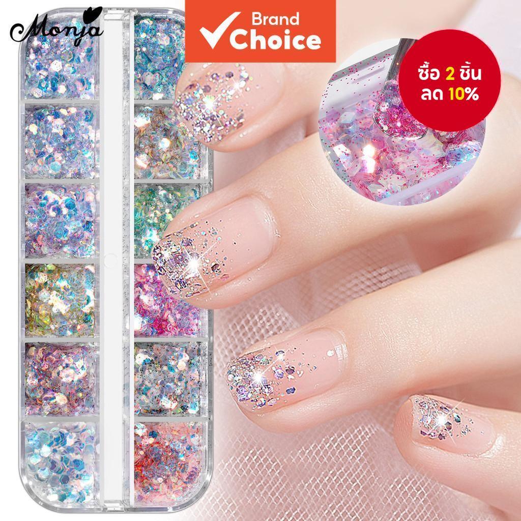 Monja 12 กริด/กล่องที่มีสีสันไม่สม่ําเสมอเล็บ Art หกเหลี่ยม Glitter Flakes Multi-ขนาด UV เจล Sparkly เลื่อม DIY ตกแต่งเล็บ