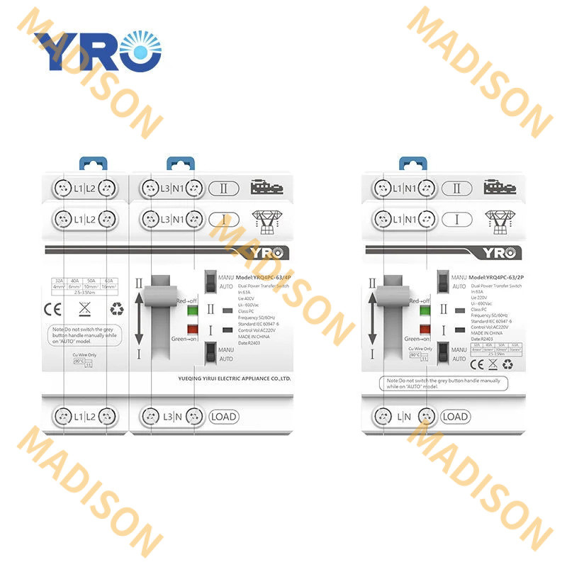 YRO Din Rail 2P 4P ATS Dual Power สวิตช์โอนอัตโนมัติตัวเลือกไฟฟ้าสวิตช์ต่อเนื่อง 230V 63A AC400V 50ms**&&