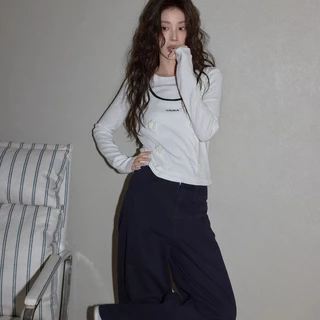 micki~ผู้หญิง ขาว คอกลม แขนยาว เสื้อยืด สายเดี่ยว เสื้อ