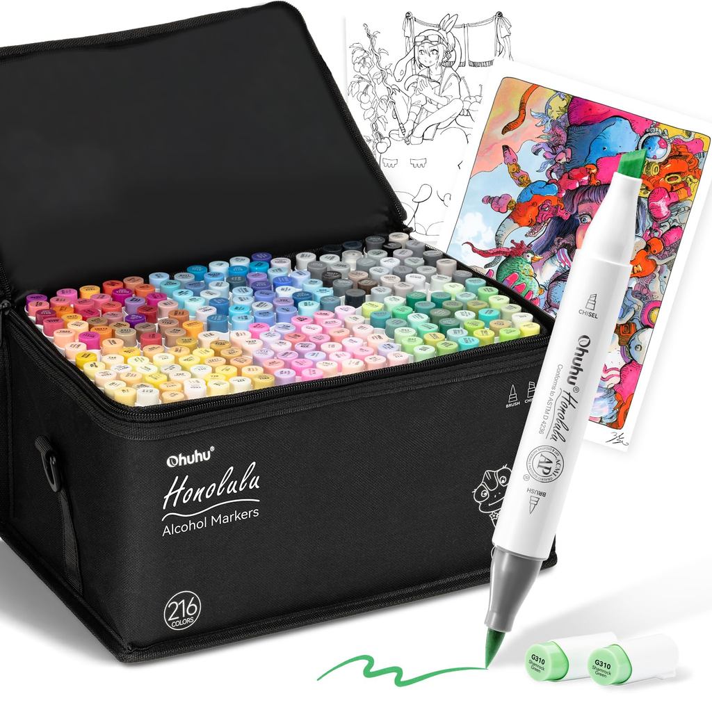 Ohuhu Brush-Type Marker Pens, 216 Colors (217 Pens), Professional Pastel and Illustration Markers, B