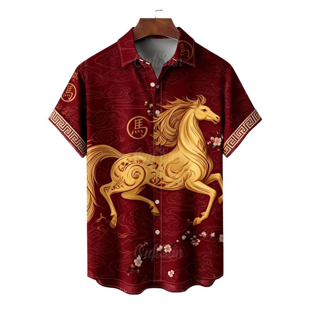 เสื้อแขนสั้นฮาวายสีแดงสำหรับผู้ชาย เหมาะสำหรับปีใหม่และงานเลี้ยง มงคลปีม้า - รูปที่ 7