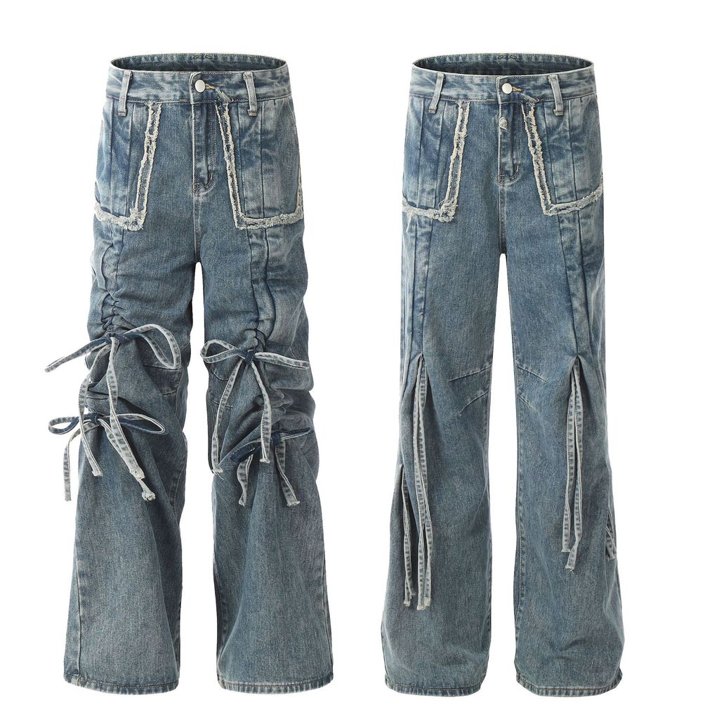 Drawstring Ruffle Design Sense Denim Pants Men