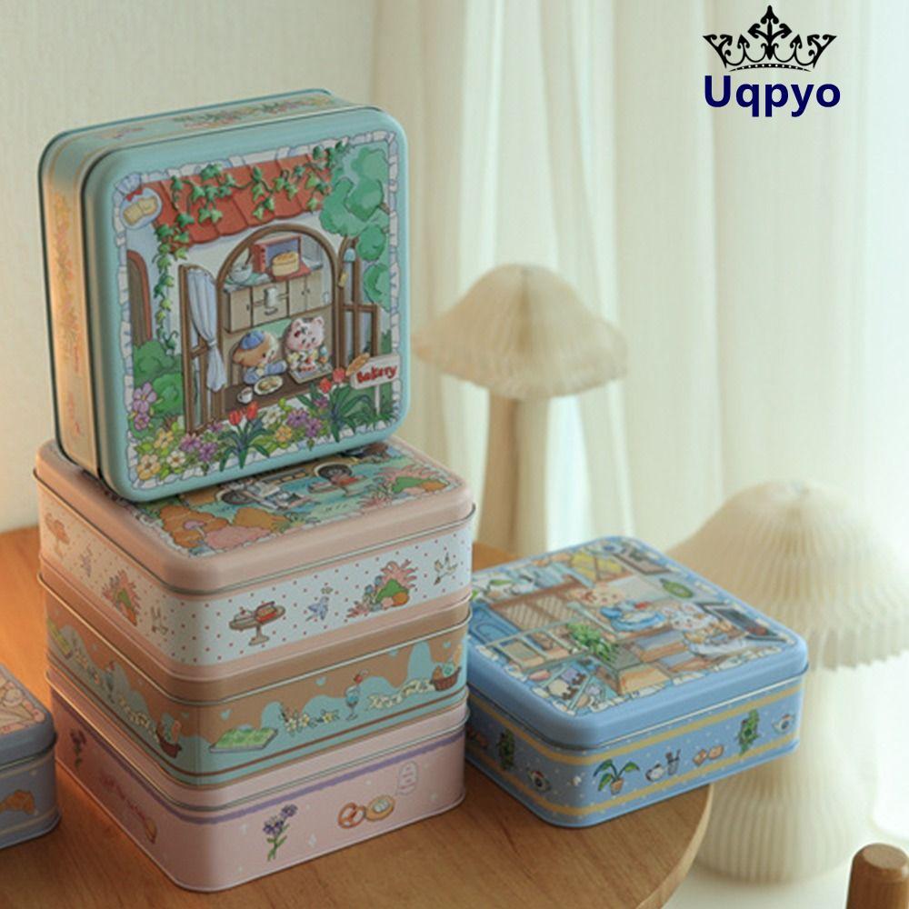 UQPYO กล่องเหล็ก, การ์ตูนกระต่าย 17*17*6 ซม.กล่องเก็บโลหะ, ทนทานพร้อมฝาปิดสแควร์หลากสีกล่องขนมเงินบรรจุ