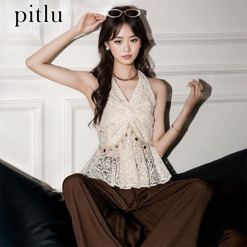 pitlu เสื้อสาวฮอลเตอร์ลายล레이ส ครอสสไตล์ สีขาวมัน ขนาดS-XL สายผูกหลัง ใส่สวย
