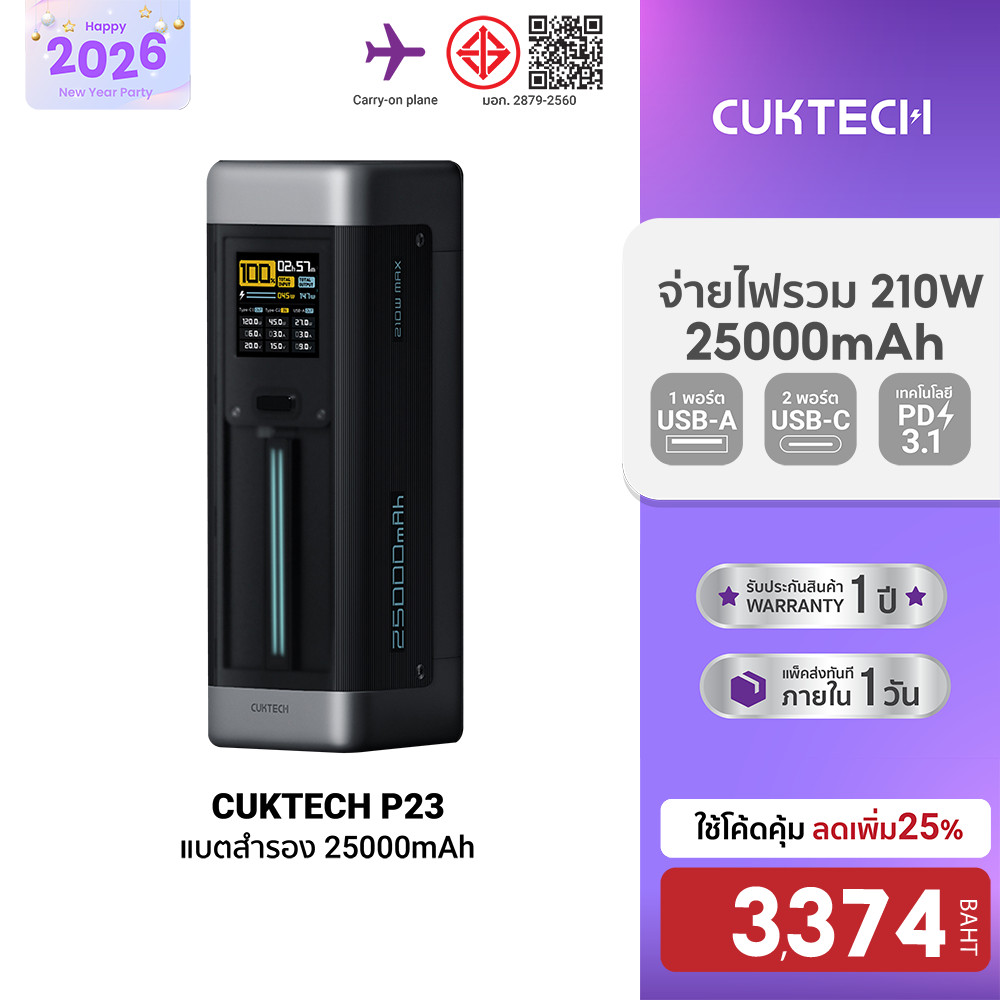 [ลดเหลือ 3374] CUKTECH P23 Powerbank แบตสำรอง 25000mAh CCC / CE จ่ายไฟแรงสุด 140W จ่ายรวมกันสูงถึง 2