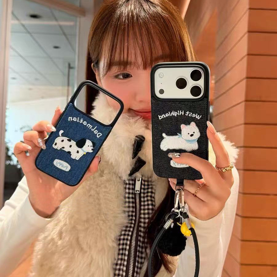 ลายคาวบอยปักลูกสุนัขเหมาะสําหรับ แอปเปิล 17โปรแม็กซ์ เคสโทรศัพท์ ไอโฟน 16/15/14/13 เชือกเส้นเล็ก