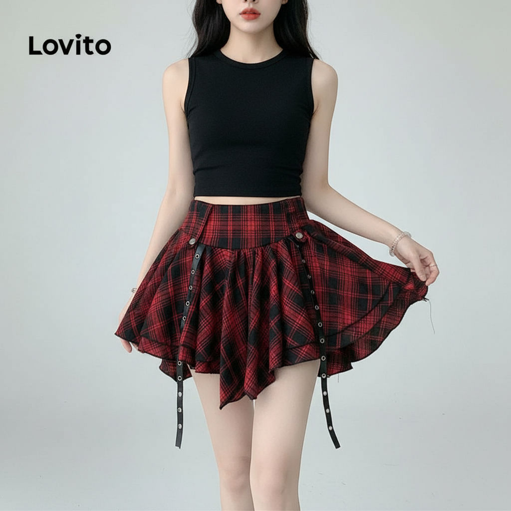 Lovito กระโปรงผู้หญิงลายสก็อตสีผสมจีบทรงแคชชวลสไตล์คริสต์มาส LNE75416