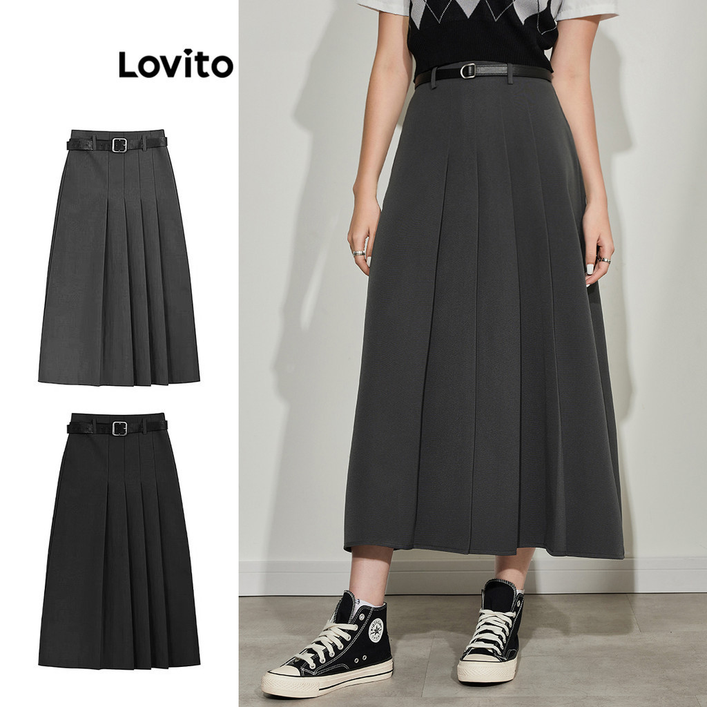 Lovito กระโปรงลําลอง กระโปรงอสมมาตรจีบธรรมดาสําหรับผู้หญิง L45AD051 (สีเทา)