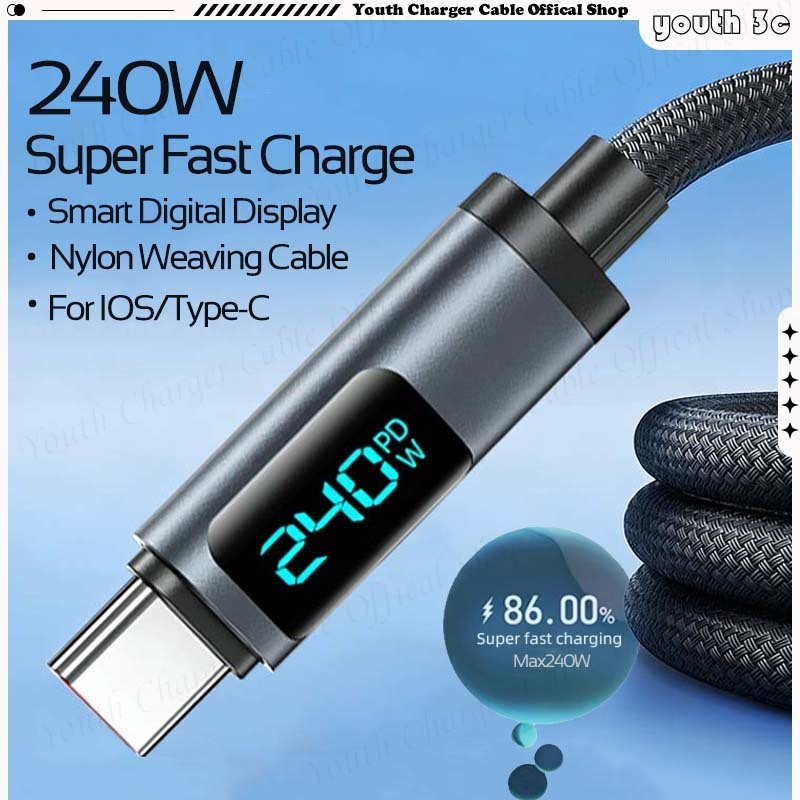 240W Super Fast Charge Data Cable พร้อมจอแสดงผลดิจิตอล USB/Type C สายชาร์จโทรศัพท์ป้องกันดัดไนลอนถักสายชาร์จขยาย