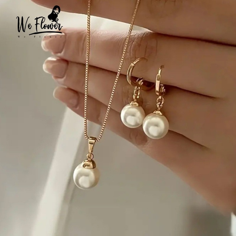 We Flower 3PCs Vintage 14K Gold Glossy Pearl ต่างหูสร้อยคอสําหรับผู้หญิงสาวหมั้นเครื่องประดับชุดอุปก