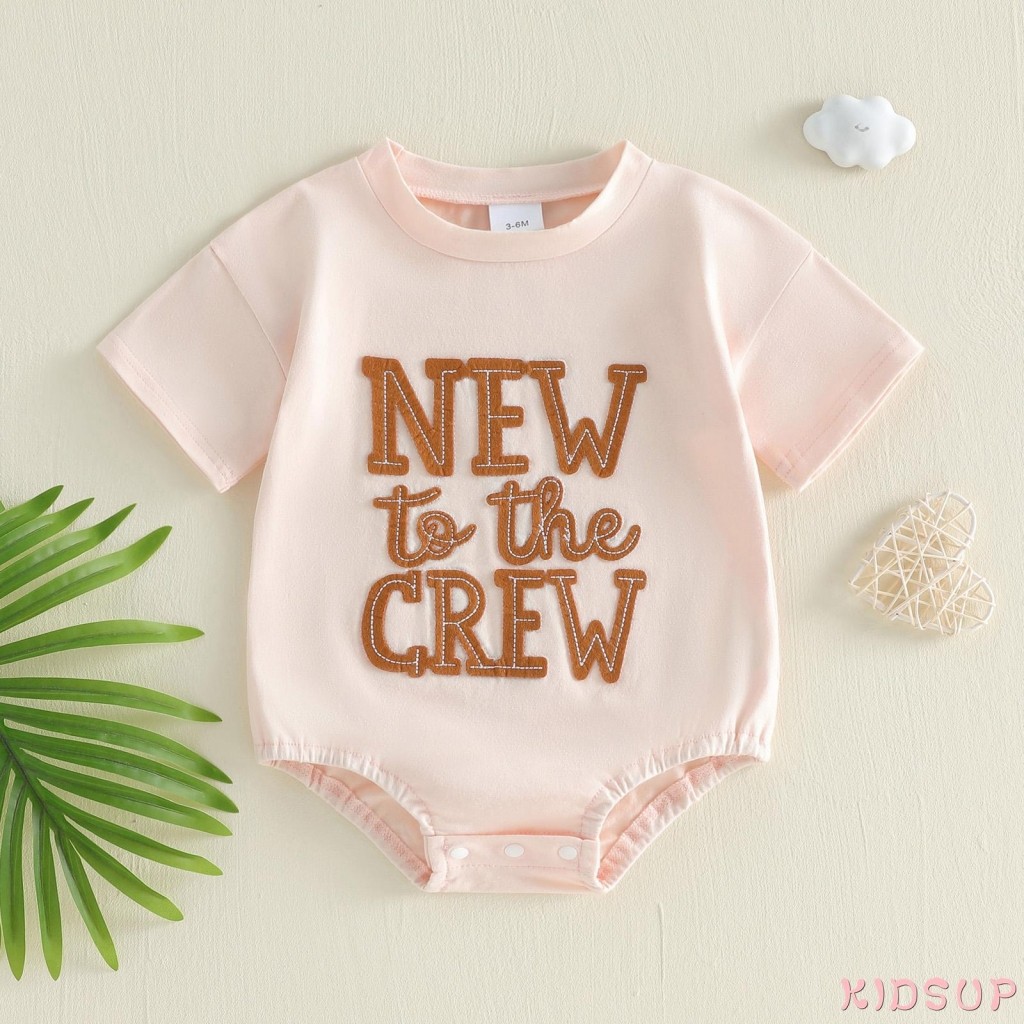 Kidsup1 - จัมพ์สูททารกฤดูร้อน แขนสั้น รอบคอดีไซน์ Letter Patch แบบหลวมๆ