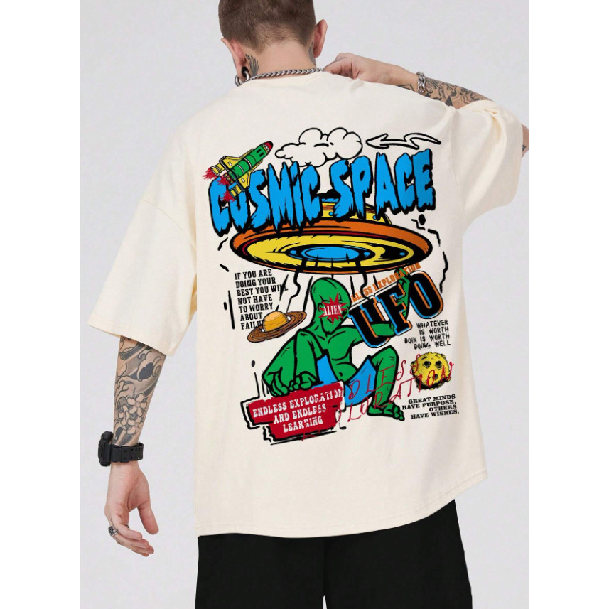 เกาหลีใต้ 2026ROMWE MEN Street Life Men Cartoon & Slogan Graphic Tee, School Street Cool Top Cotton 