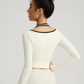 AirActive Casual Yoga Sports T-shirt 2 In 1 Design Fixed Padded Crop Top Halter Neck Contrast Color