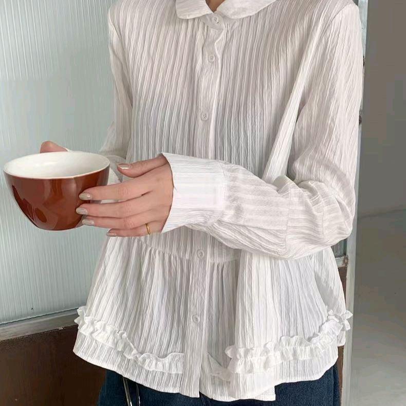 Dahong W714 เสื้อเชิ้ตแฟชั่นสีขาวทรงหลวมคอปกแขนยาวสีทึบสไตล์วิทยาลัย ลายสีขาว ดีไซน์เรียบหรู  เหมาะสำหรับทุกวัน