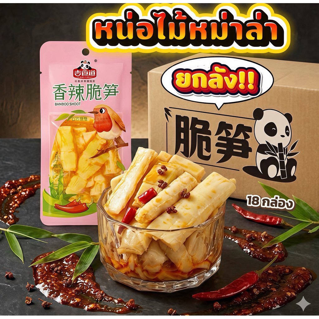 หน่อไม้ปรุงรสหม่าล่าแบบซองมินิ ยกลัง 18 กล่อง 360 ห่อ เผ็ดร้อนชาจัดจ้าน กรอบอร่อยกินเพลินทุกคำ