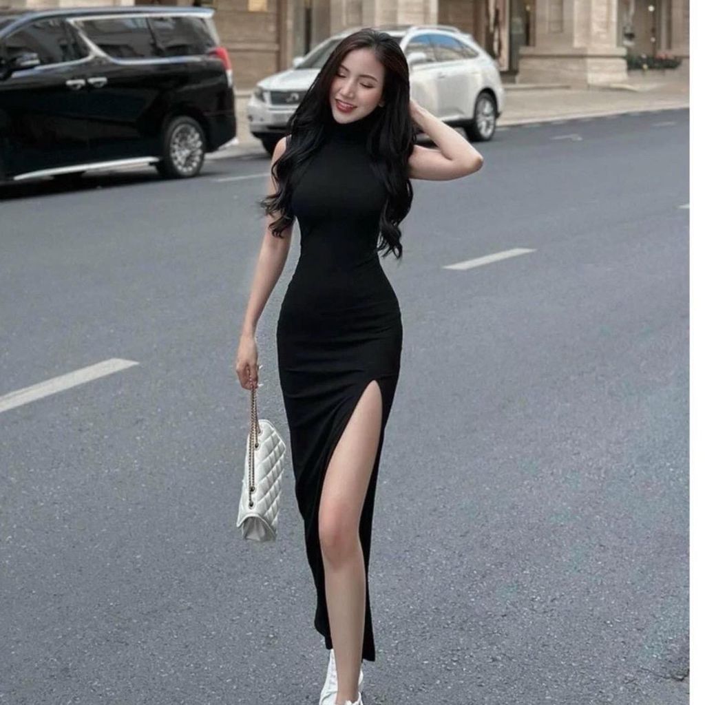 DS24p [THGH BREAST] เดรสคอเต่าทรงบอดี้คอนผ่าต้นขา เดรสจั๊มยาว ฟรีไซส์ต่ํากว่า 53กก.