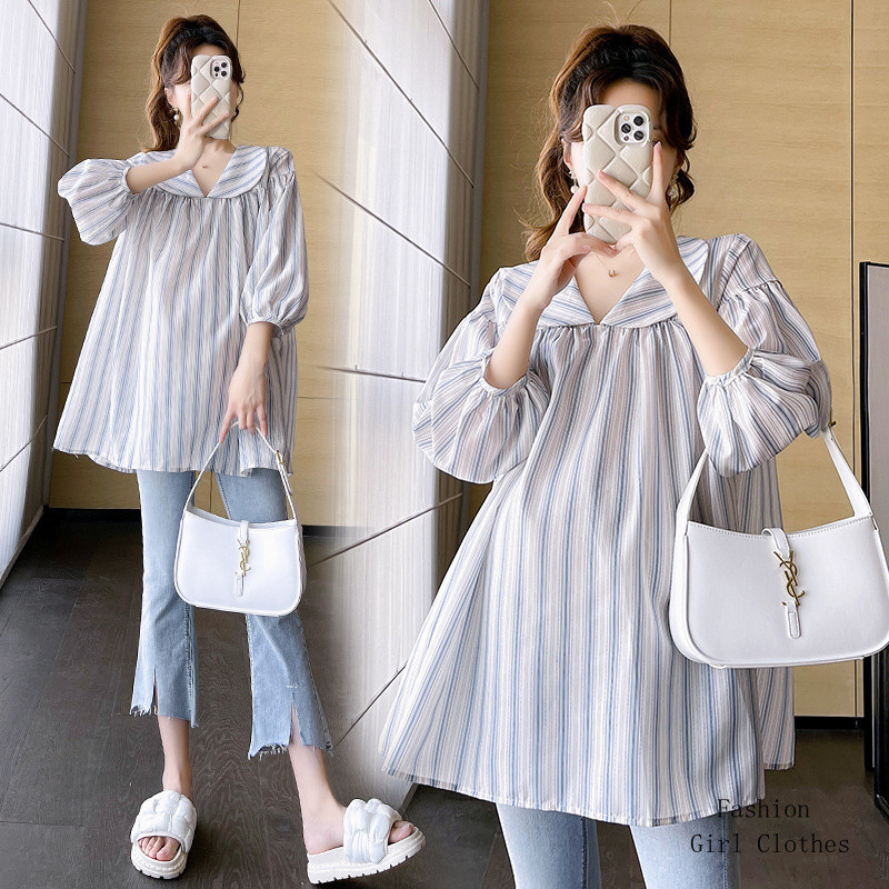 เสื้อคลอดบุตร Slimmer ดู All-Match ตุ๊กตาการตั้งครรภ์สามไตรมาสแขนลายคลอดบุตร Top