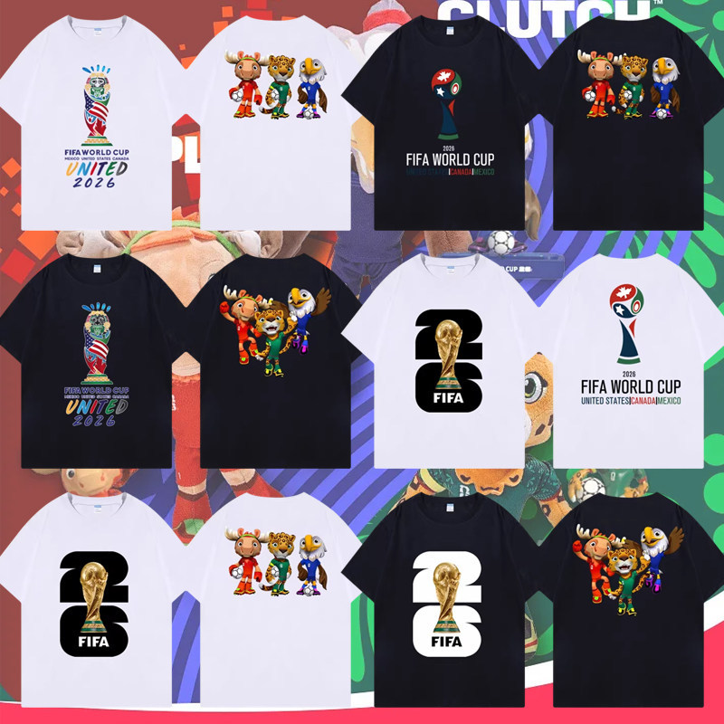 เสื้อยืดแขนสั้นสีขาวสำหรับฟุตบอลโลกปี 2026 พิมพ์ลายรอบคอ สไตล์แฟชั่นและสวมใส่ง่าย