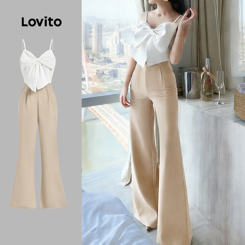 Lovito จั๊มสูทผู้หญิงฤดูใบไม้ผลิ/ฤดูร้อนแบบผูกโบว์สวยหรู L178ED462