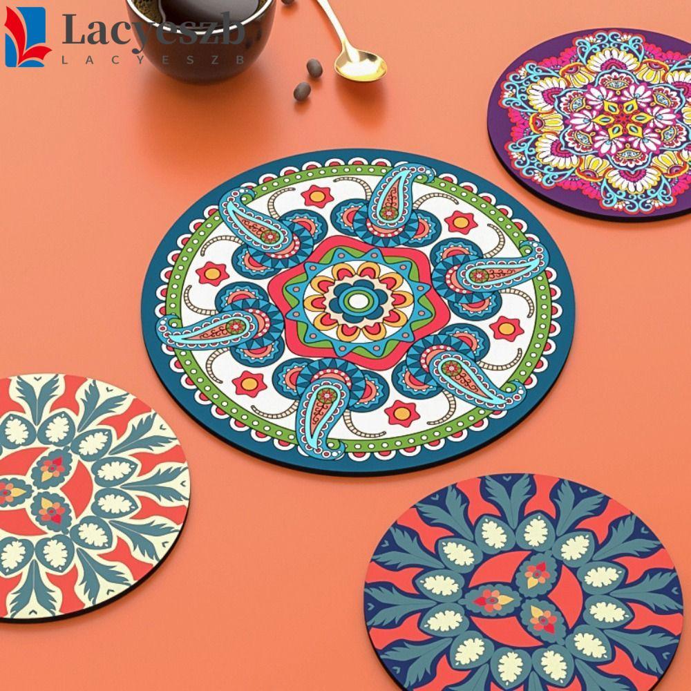 LACYESZB ที่รองแก้ว Mandala 3 ชิ้น, แผ่นรองจานยางทรงกลม, แผ่นรองโต๊ะกันน้ํามันกันน้ําสีสันสดใสห้องครัว