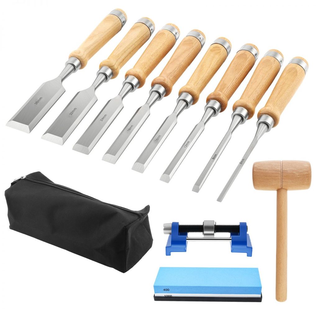 12 ชิ้น Chrome Vanadium Steel Flat Chisels ชุดงานไม้ Chisel Kit พร้อมค้อนไม้ Sharpening Stone Honing