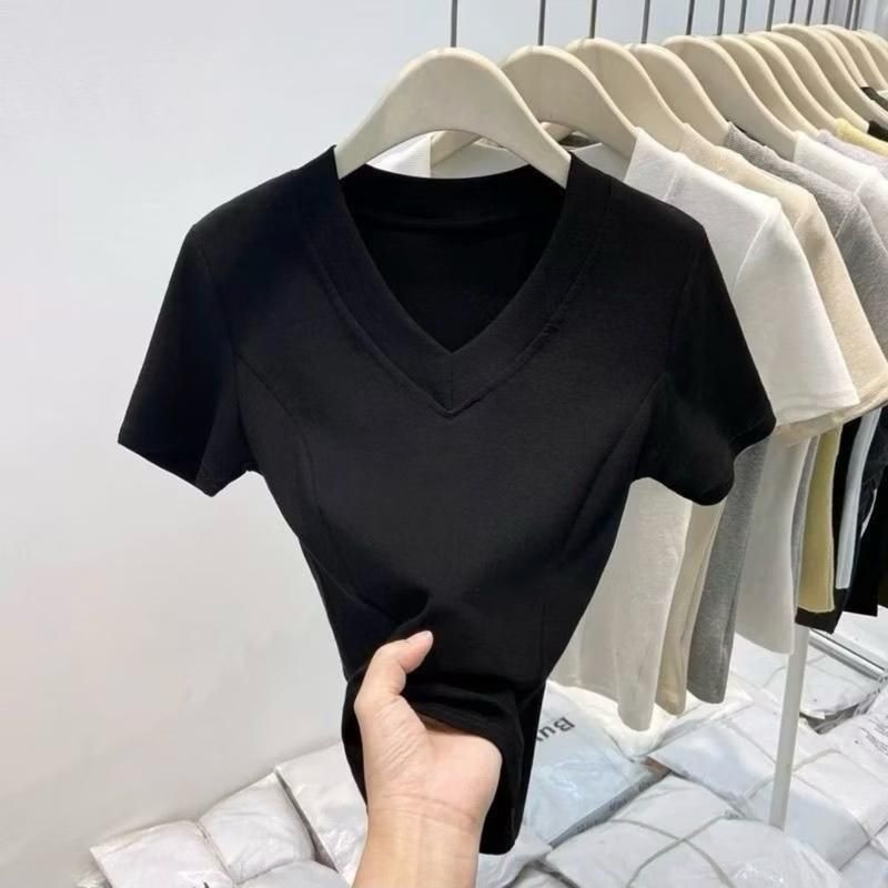 A66g ผู้หญิงธรรมดาเสื้อยืดคอเต่าแขนสั้นสีสันแฟชั่น Ribbed เสื้อยืดภายใต้ 54 กก