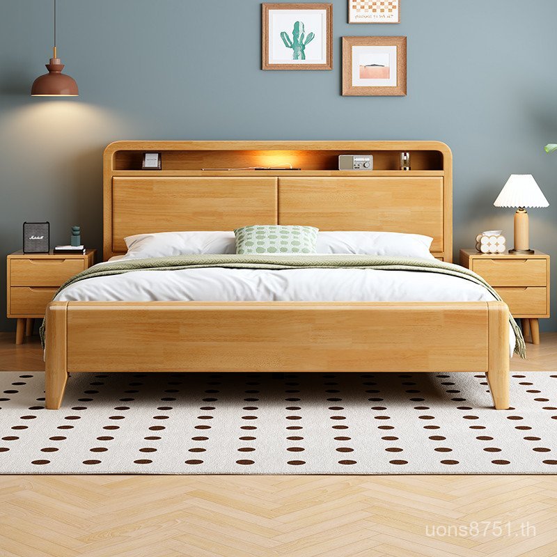 เจ้าของเช่า Oak Solid Double Character Simple Wooden Bed Nordic 1.5m 1.8m ห้องนอน Modern Storage เฟอ