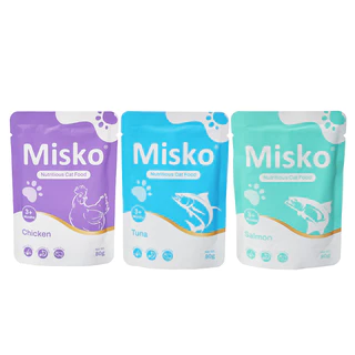 Misko อาหารเปียกสำหรับแมว แบบซอง 80 กรัม แพ็ก 6 ซอง | คละรส แซลมอน ทูน่า ไก่ | วิตามินและโปรตีนสูง ช่วยบำรุงขนและผิวหนัง