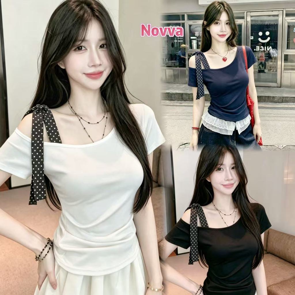 Novva ส่งไวจากไทย เสื้อแขนสั้น 3สี  ลายจุด ปาดไหล่ ดีไซน์ผูก น่ารักสไตล์เกาหลี
