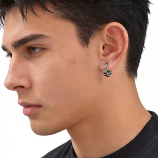 MG Tangcao Pattern ต่างหูห่วงสีดํา Hypoallergenic Hip Hop Rock Style Cool อินเทรนด์สําหรับผู้ชายผู้หญิง