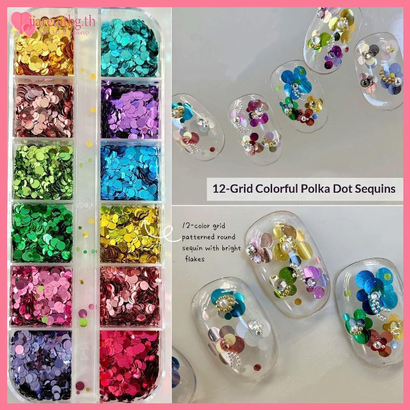 RENBG ตกแต่งเล็บ 12 กริดผสมสี Mini ดอกไม้ Circular Glitter Sequins Charms สําหรับ DIY เล็บ Home Salon ชุด TH