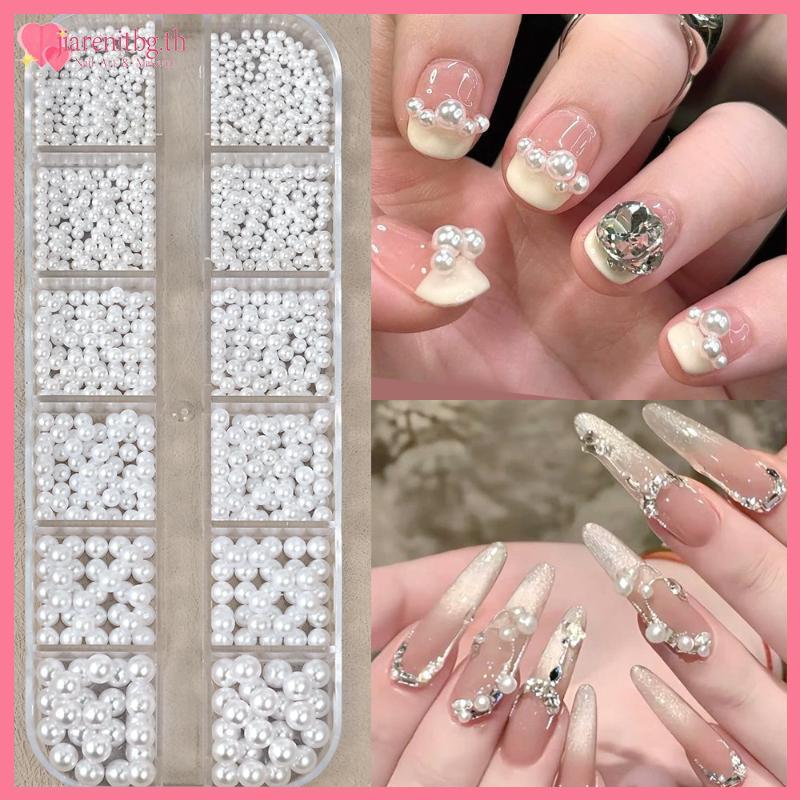 RENBG สีขาวรอบครึ่งรอบ Pearl Nail Charms 12 กริดสําหรับ DIY Nail Art Salon ใช้ตกแต่งง่ายเล็บชุดอุปกรณ์เสริม TH