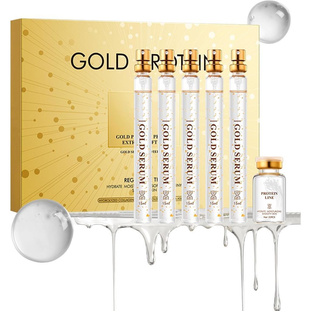 品质·24K Gold Lifting Serum Set, 5x15ml, พร้อมคอลลาเจนและเปปไทด์, สูตรกระชับ, ด้ายโปรตีนที่ละลายน้ําได