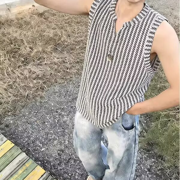 เสื้อกั๊กสไตล์คูลๆ ลายทางสำหรับผู้ชาย ทำจากผ้าฝ้ายระบายอากาศ ทรงหลวม สไตล์ลำลอง เหมาะสำหรับฤดูร้อน